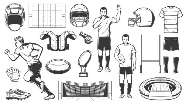 Rugby sport, football American game players items Rugby sport or football American game icons of players and equipment, vector. American football rugby sport items, ball and players outfit, helmet and stadium, forward boots and referee whistle headwear stock illustrations