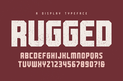 Rugged vector heavy display typeface, font, uppercase letters and numbers, alphabet, typography. Global swatches