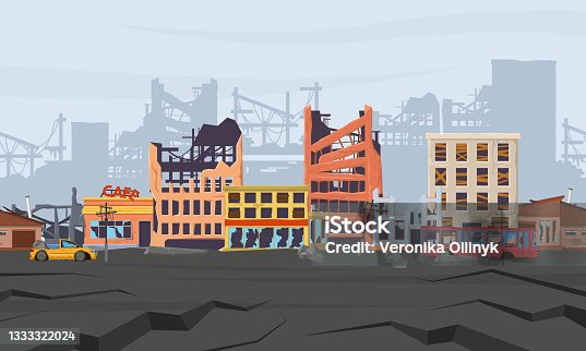 istock Ruined abandoned broken natural disasters district panorama. Earthquake disaster destroyed houses and city buildings vector illustration. Cataclysm destroyed street view 1333322024