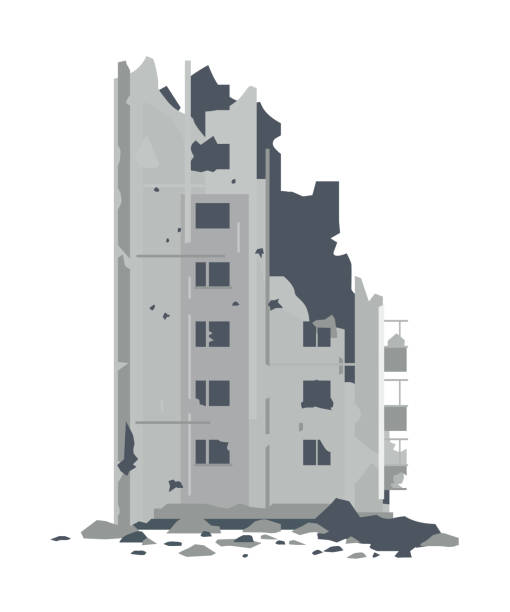 Ruins from destroyed building One destroyed building with debris and concrete in side view, ruins apartment building isolated concrete clipart stock illustrations