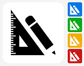 Ruler and Pencil Icon. This 100% royalty free vector illustration features the main icon pictured in black inside a white square. The alternative color options in blue, green, yellow and red are on the right of the icon and are arranged in a vertical column.