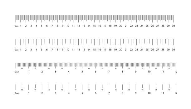 Ruler scales. Centimeter, millimeter, inch of measure. Geometric accuracy in metrics, gradation, distance. 30 cm, 12 inches in tape. Instrument for rule in graphic, math with realistic size. Vector. Ruler scales. Centimeter, millimeter, inch of measure. Geometric accuracy in metrics, gradation, distance. 30 cm and 12 inches in tape. Instrument for rule in graphic, math with realistic size. Vector ruler stock illustrations