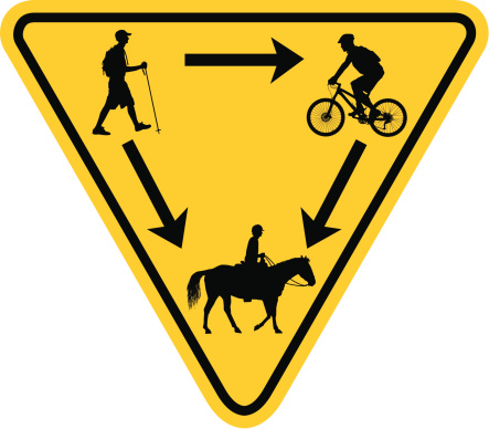 Vector illustration of a Rules of the Trail Yield Sign for Multi-use Trail Users - Hiker, Biker and Horse Rider.