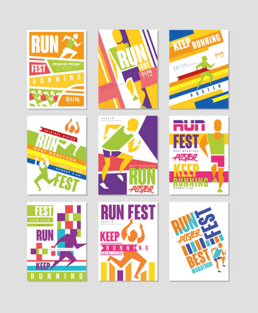 跑狂歡節海報設置, 奔跑馬拉松, 體育和競爭五顏六色設計項目為卡片、橫幅、印刷品、徽章向量例證 - 馬拉松 幅插畫檔、美工圖案、卡通及圖標