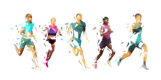 ausführen, gruppe von laufenden personen, low-poly-vektor-illustration. geometrische läufer - rennen körperliche aktivität stock-grafiken, -clipart, -cartoons und -symbole