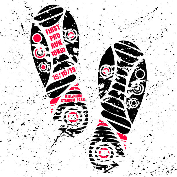 stockillustraties, clipart, cartoons en iconen met run marathon achtergrond met schoenen - muddy shoes