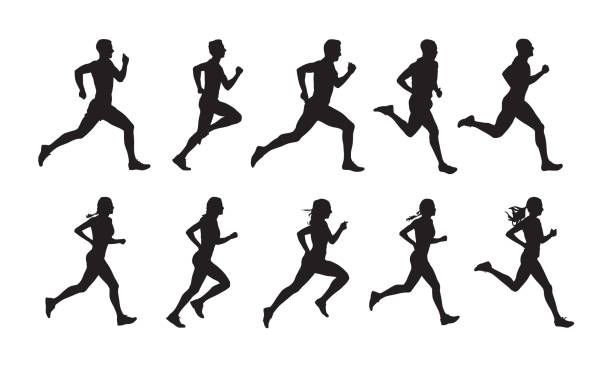 跑, 一套跑的人, 孤立的向量剪影。男子和婦女跑步者小組 - 跑 幅插畫檔、美工圖案、卡通及圖標
