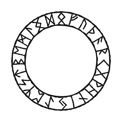 24 runes in circle. Vector set of ancient Old Norse runes Elder Futhark. Viking style, design template. Mystical, esoteric, occult, magic symbols