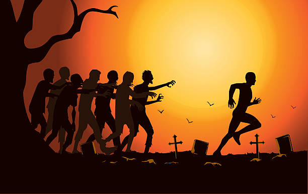 Runner run away from zombie group in the graveyard. Silhouette vector runner run away from zombie group in the graveyard. zombie stock illustrations