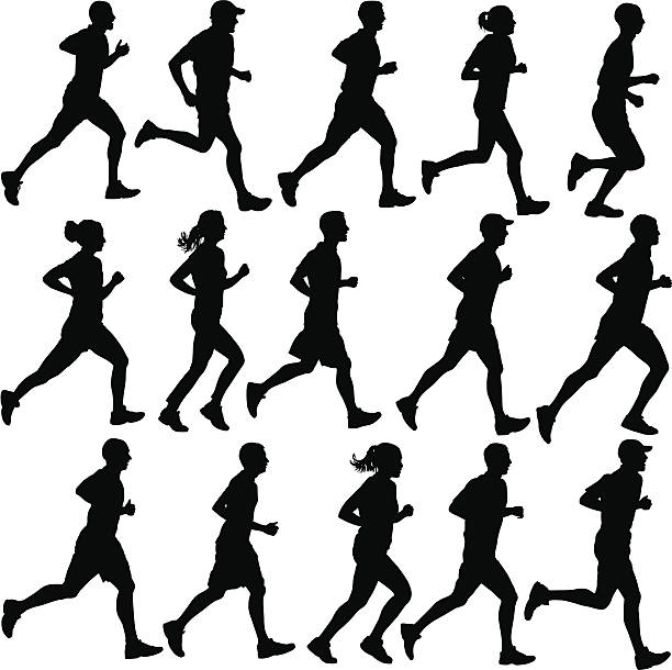 illustrazioni stock, clip art, cartoni animati e icone di tendenza di corridore silhouette - jogging