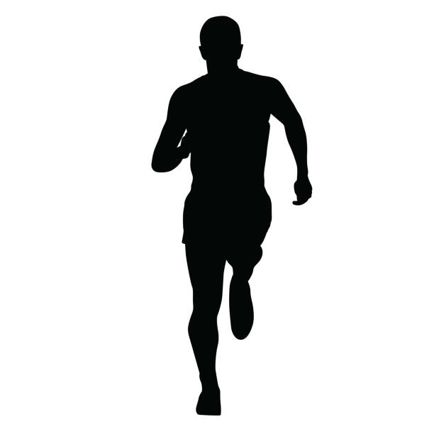 Runner vector silhouette, isolated running man, front view Runner vector silhouette, isolated running man, front view running silhouettes stock illustrations