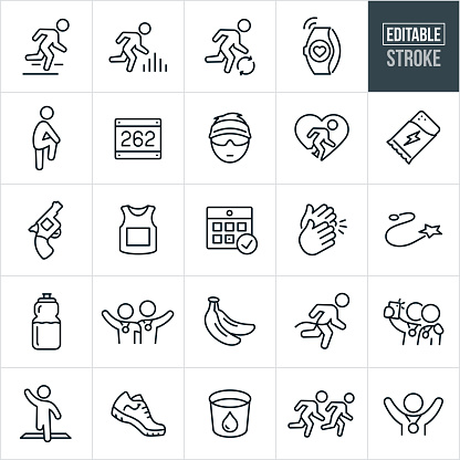 A set of running and marathon icons that include editable strokes or outlines using the EPS vector file. The icons include runners running, runners training, heart rate monitor, fitness tracker, runner stretching, race bib, marathon runner with visor, running for fitness, energy bar, protein bar, start gun, running jersey, calendar, clapping hands, race course, water bottle, two runners with finishing medals and arms around each others shoulders, bananas, runner winning race by breaking finishing tape, two runners taking a selfie after race, runner crossing the finishing line, running shoe, water cup and a race finisher with arms in the air and medal around neck to name a few.