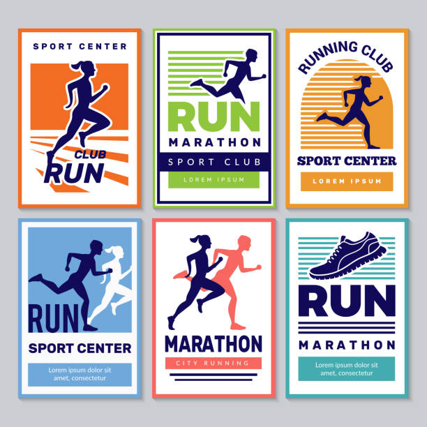 ilustrações de stock, clip art, desenhos animados e ícones de running club poster. marathon winners sportsmen athletes fitness for healthy people vector placard collection - correr