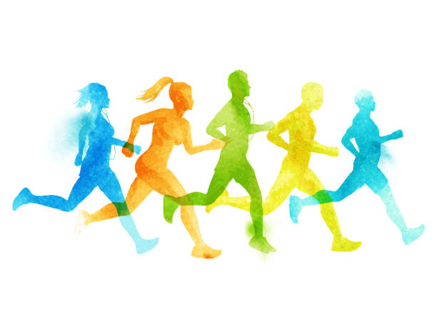 Running group of active people A running group of active people, men and women. Watercolour vector illustration. jogging stock illustrations