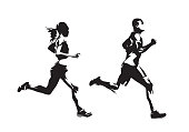 istock Running man and woman, ink drawings, isolated vector silhouettes. Run, side view 1091658106