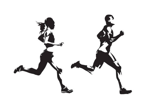 跑的男人和女人, 水墨畫, 孤立的向量剪影。運行, 側面視圖 - 跑 插圖 幅插畫檔、美工圖案、卡通及圖標