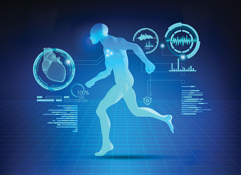 concept of science fiction running man; futuristic interface of heart analysis; digital blueprint of human; 3D body part of human