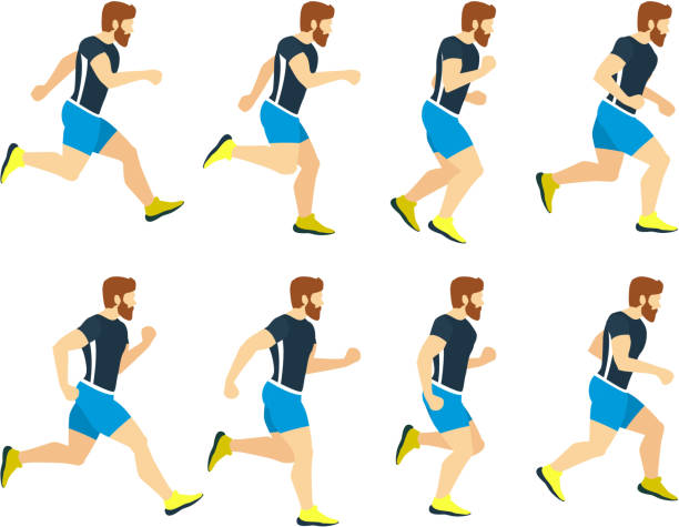 Running man young athlete in tracksuit. Animation frames. Vector sport illustrations isolate on white Running man young athlete in tracksuit. Animation frames. Vector sport illustrations isolate on white. Athlete run character, runner cartoon male training running borders stock illustrations