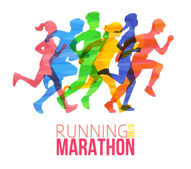 跑步馬拉松海報與五顏六色的跑步者剪影。 - 馬拉松 幅插畫檔、美工圖案、卡通及圖標