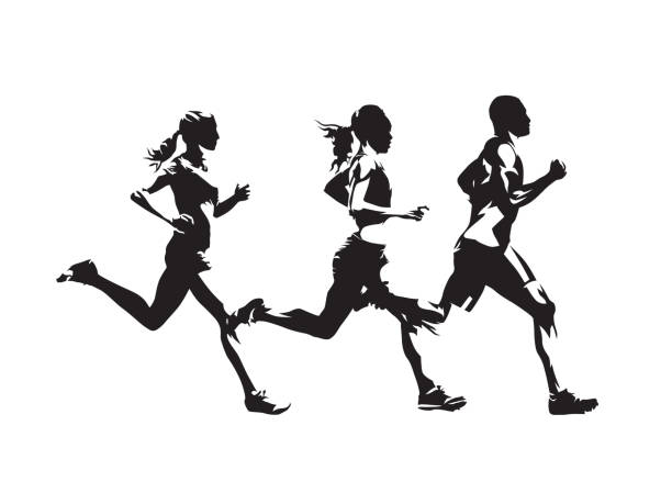 running people, isolated vector silhouette. group of runners. man and women. run - 跑 幅插畫檔、美工圖案、卡通及圖標