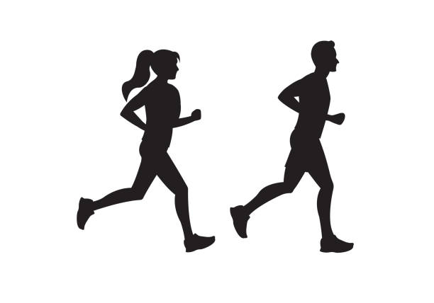 달리는 사람 실루엣. 개념을 실행합니다. 남자와 여자 조깅. 평평한 스타일의 주자와 운동 선수와 마라톤 경주, 스포츠 및 피트니스 디자인 템플릿. 벡터 그림입니다. - 달리기 stock illustrations