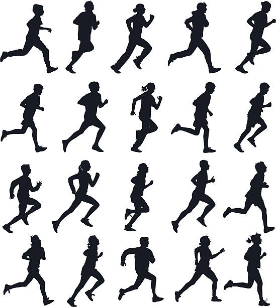Running people Collection of running silhouettes, teenagers, boys and girls. running silhouettes stock illustrations