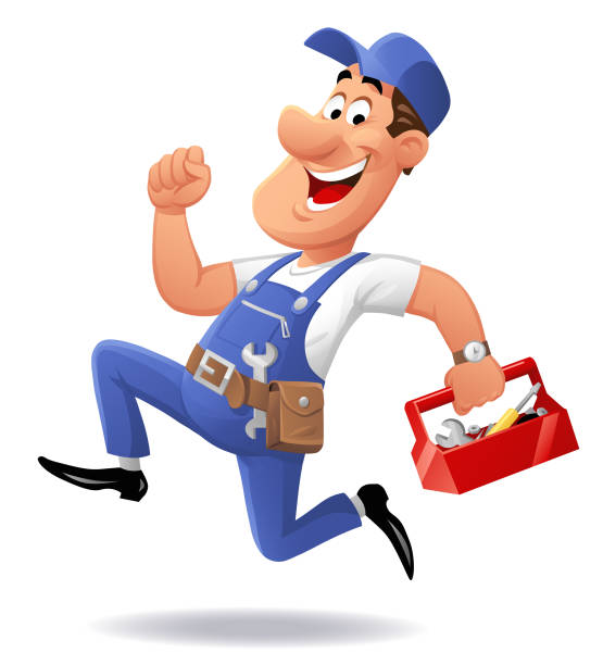 Running Repairman Vector illustration of a running repairman, mechanic or plumber with a red toolbox in his hand, looking at the camera, isolated on white. mechanic clipart stock illustrations