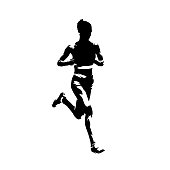 Running woman, abstract ink drawing isolated vector silhouette, comic style. Marathon runner