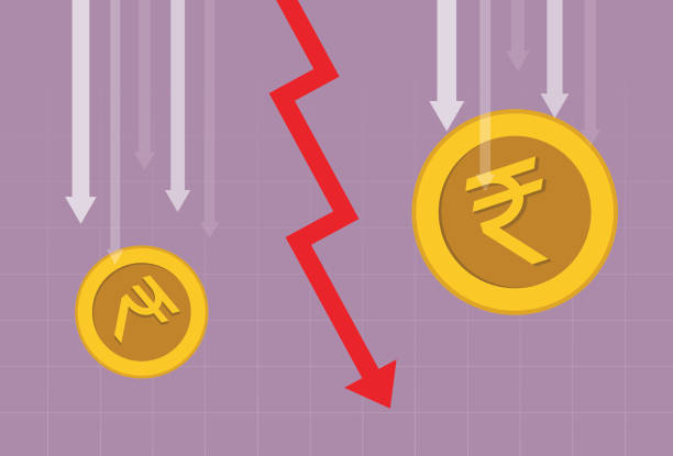Rupee coin and red arrow going down vector art illustration