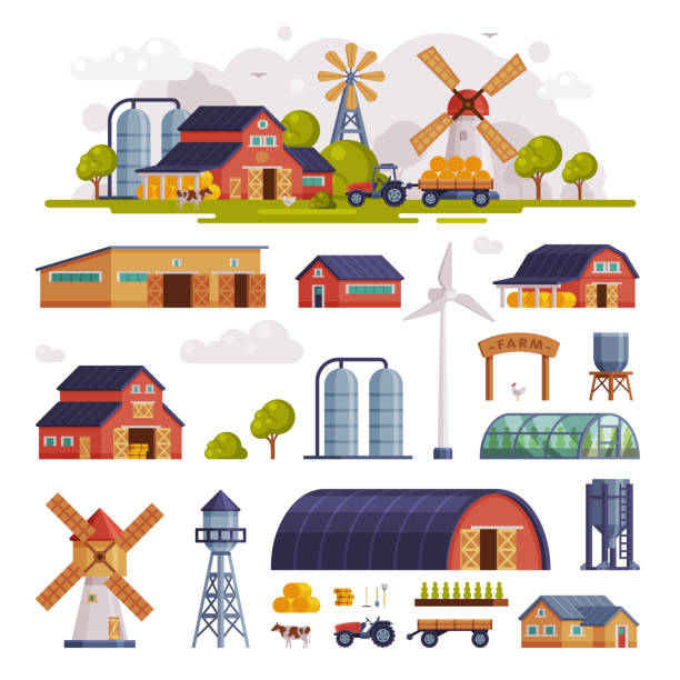 Rural Buildings and Agricultural Objects Set, Summer Farm Scene, Agriculture and Farming Concept Cartoon Vector Illustration Rural Buildings and Agricultural Objects Set, Summer Farm Scene, Agriculture and Farming Concept Cartoon Vector Illustration Isolated on White Background. agricultural building stock illustrations