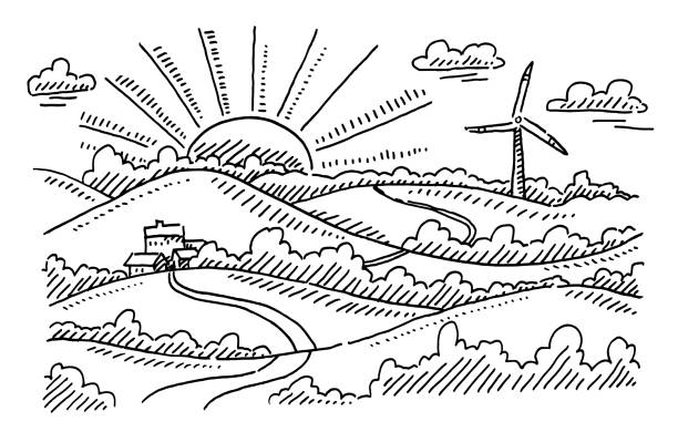 bildbanksillustrationer, clip art samt tecknat material och ikoner med rural landscape sunburst and wind turbine drawing - wind turbine sunset