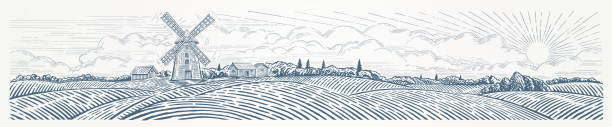 Rural landscape with a Windmill Rural landscape panoramic format with a Windmill and village. Hand drawn Illustration in engraving style. agricultural field illustrations stock illustrations