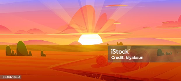 istock Rural landscape with hay bales on field at sunset 1360470453