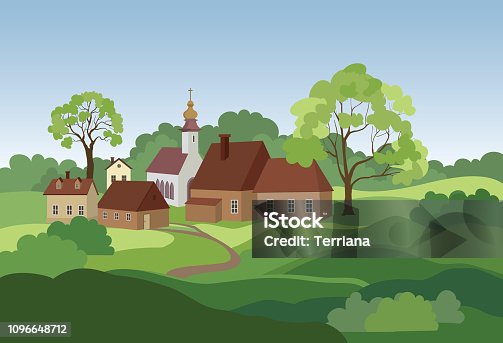 istock Rural landscape with hills, fields, trees and countryhouse. Countryside skyline. 1096648712