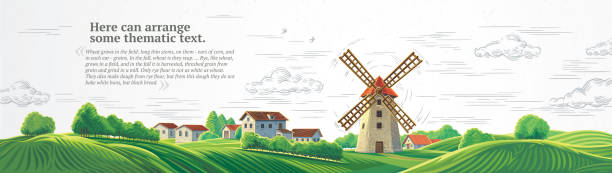 stockillustraties, clipart, cartoons en iconen met landelijk landschap met molen - zomer nederland