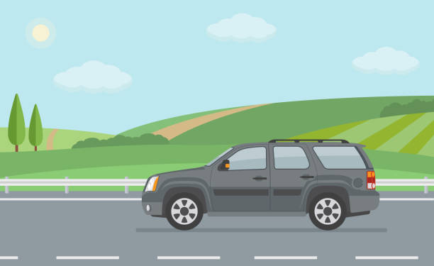 Rural landscape with road and moving off road vehicle. Rural landscape with road and moving off road vehicle. Flat style vector illustration. sports utility vehicle stock illustrations