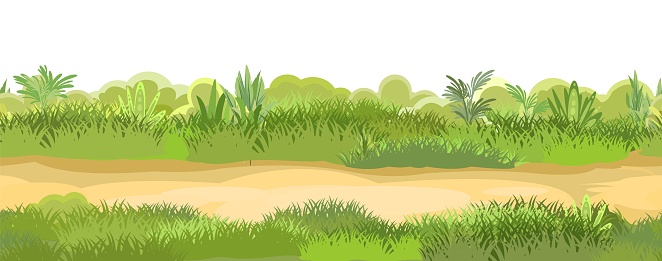 Rural road to Green Glade. Summer meadow. Trail. Juicy grass close up. Grassland. Country trip. Isolated. Cartoon style. Flat design. Seamless illustration vector art