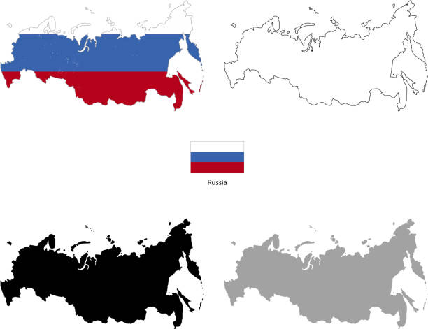 Russia country black silhouette and with flag on background Russia country black silhouette and with flag on background, isolated on white russia stock illustrations