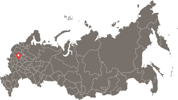 ilustrações de stock, clip art, desenhos animados e ícones de russia map vector outline with borders of federal subjects or provinces or states and capital city location, moscow, in gray background. highly detailed accurate map of russia - kemerovo