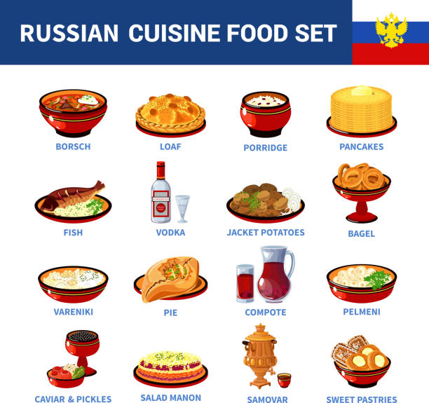 Russian national food dishes flat icons set with porridge pancakes...