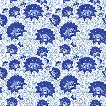 Russian floral pattern seamless vector. Gzhel style traditional folk flower background. Vintage botanical texture. Design with blue white chinese porcelain, delft dutch ceramic, oriental motifs.