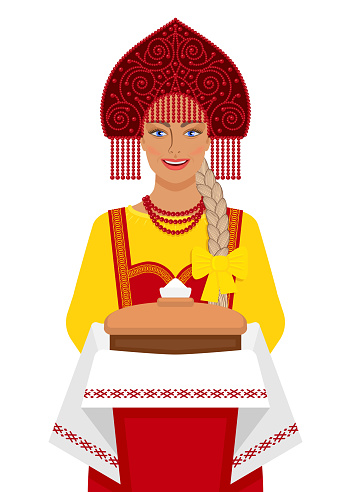 Russian girl in traditional suit with bread and salt