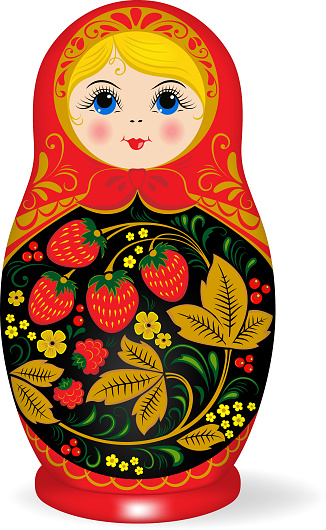 Russian nesting doll. Babushka or Matryoshka. Decorated with hohloma, Russian traditional painted floral pattern.