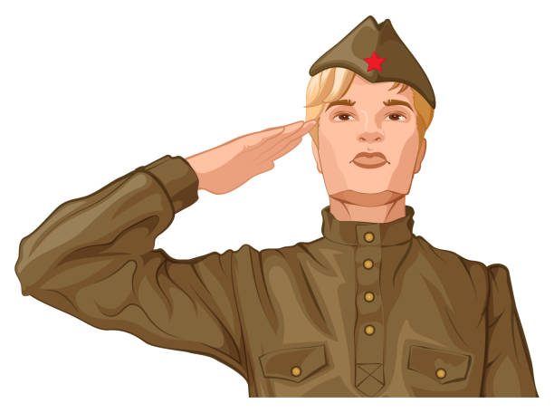 русский солдат в ретро военной форме салютует рукой - russian army stock illustrations