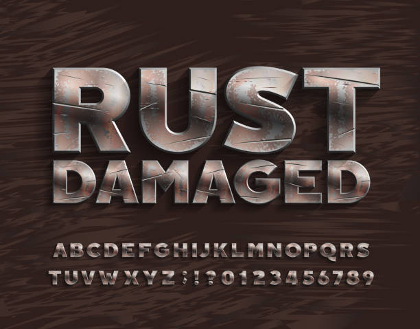 Rust Damaged alphabet font. Bold metal letters and numbers. vector art illustration