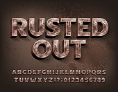 Rusted Out alphabet font. Scratched metal letters and numbers. Stock vector typescript for your design.