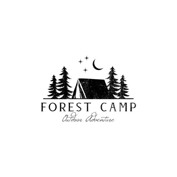 소박한 숲 캠프 엠블럼 디자인, 야외 엠블럼, 모험 엠블럼 템플릿 - 텐트 일러스트 stock illustrations