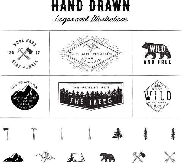 Rustic Logos and Illustrations 6 pre-made logos and 13 hand drawn illustrations. mountain borders stock illustrations