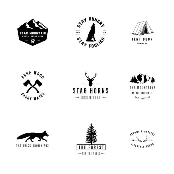 Rustic Logos Set of 9 rustic logo templates. Designs for the outdoors and nature mountain clipart stock illustrations