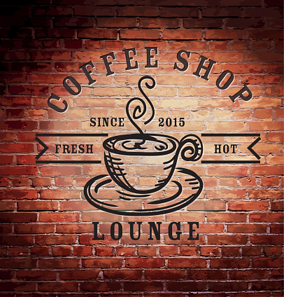 Rustic old fashioned brick wall with coffee shop sign